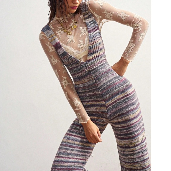 Boho Multicolor Stripes Knit V neck SleeveLess Wide leg Jumpsuit - Picture 2 of 6